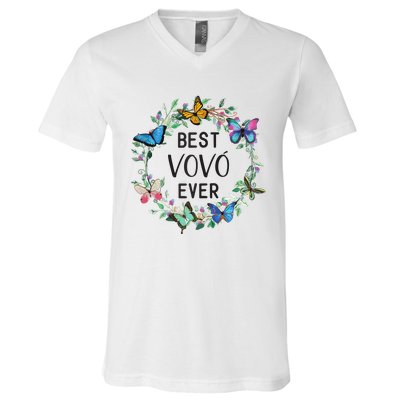 Wo Best Vovo Ever Butterfly Floral Personalized Name V-Neck T-Shirt