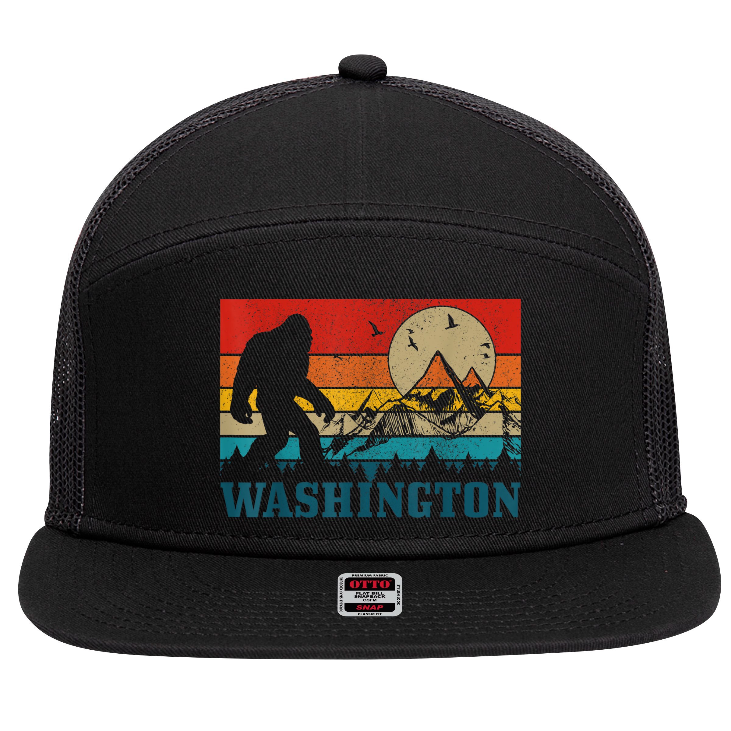 Washington Bigfoot Vintage Mountains Hiking Hunter 7 Panel Mesh Trucker Snapback Hat