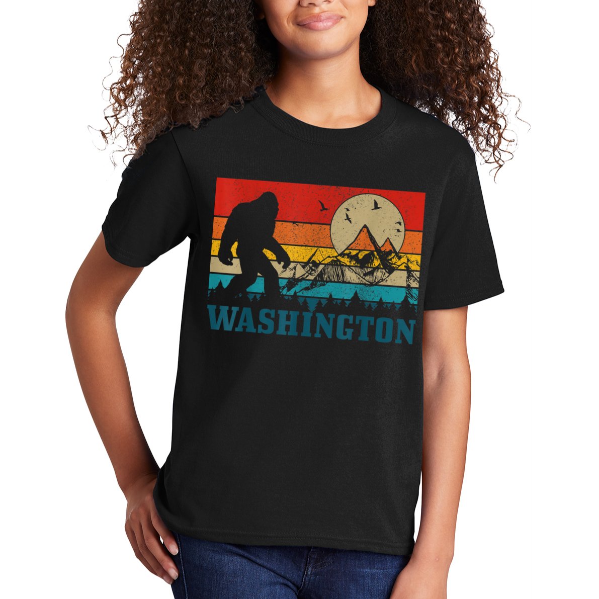 Washington Bigfoot Vintage Mountains Hiking Hunter Kids T-Shirt