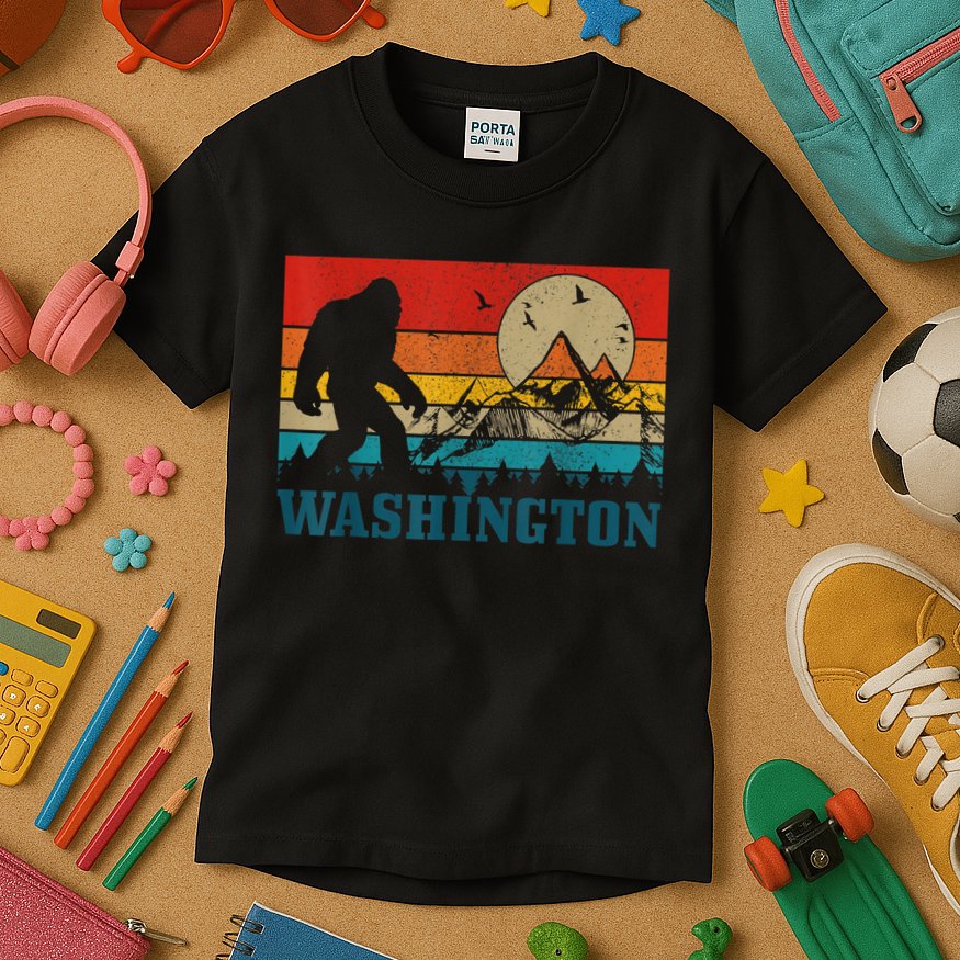 Washington Bigfoot Vintage Mountains Hiking Hunter Kids T-Shirt