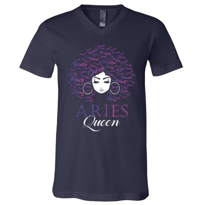 Womens Black Womens Afro Hair Aries Queen Birthday Gift V-Neck T-Shirt