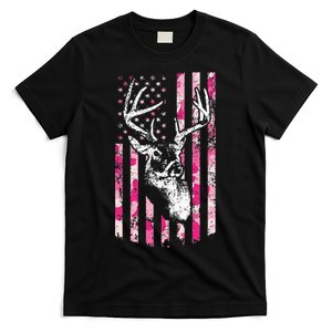 Whitetail Buck Women Deer Hunting Pink Camo American Flag T-Shirt