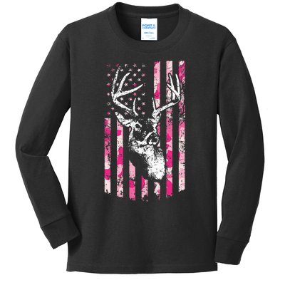 Whitetail Buck Women Deer Hunting Pink Camo American Flag Kids Long Sleeve Shirt