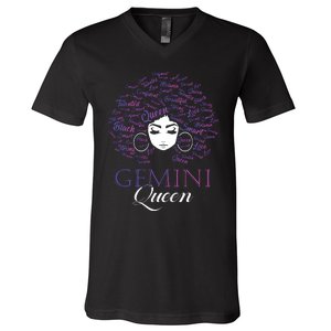 Womens Black Womens Afro Hair Gemini Queen Birthday Gift V-Neck T-Shirt