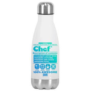 Warning Chef 100% Awesome Culinary Artist Gift Stainless Steel Insulated Water Bottle