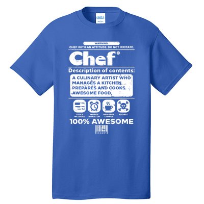 Warning Chef 100% Awesome Culinary Artist Gift Funny Gift Tall T-Shirt