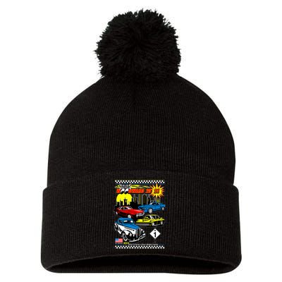 Woodward Cruise 2024 Classic Cars Cruising Downtown Skyline Pom Pom 12in Knit Beanie