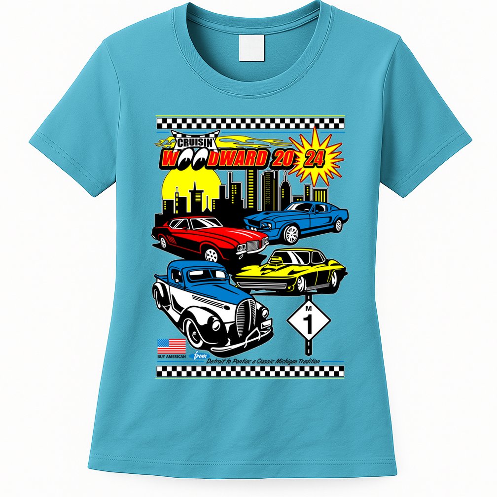 Woodward Cruise 2024 Classic Cars Cruising Downtown Skyline Womens T-Shirt