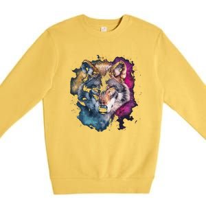 Wolf Colorful Art Motif Animal Lover Graphic Wolves Cool Gift Premium Crewneck Sweatshirt