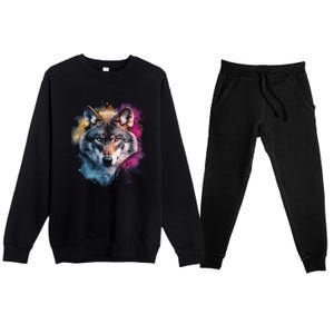 Wolf Colorful Art Motif Animal Lover Graphic Wolves Cool Gift Premium Crewneck Sweatsuit Set