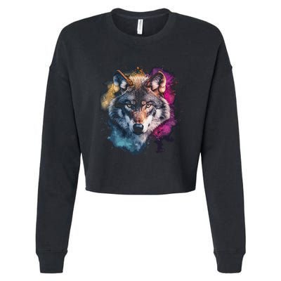Wolf Colorful Art Motif Animal Lover Graphic Wolves Cool Gift Cropped Pullover Crew