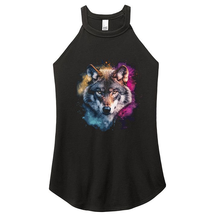 Wolf Colorful Art Motif Animal Lover Graphic Wolves Cool Gift Women's Perfect Tri Rocker Tank