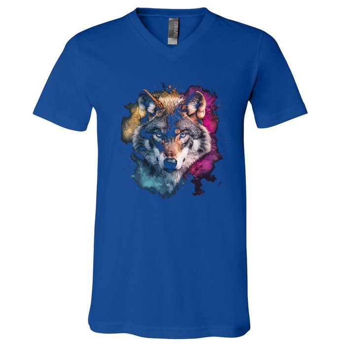 Wolf Colorful Art Motif Animal Lover Graphic Wolves Cool Gift V-Neck T-Shirt