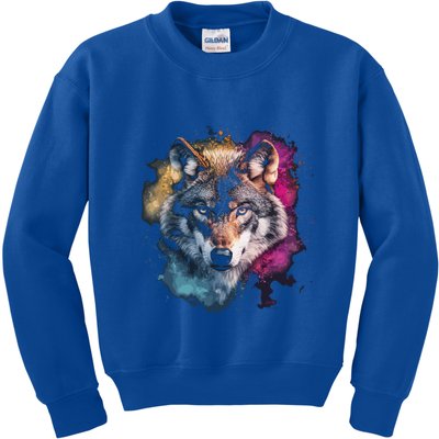 Wolf Colorful Art Motif Animal Lover Graphic Wolves Cool Gift Kids Sweatshirt