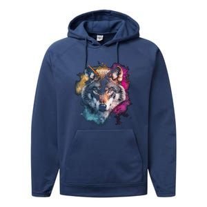 Wolf Colorful Art Motif Animal Lover Graphic Wolves Cool Gift Performance Fleece Hoodie