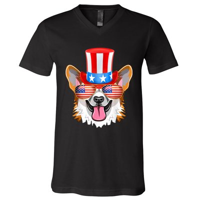 Welsh Corgi American Sunglasses 4th Of July Dog Puppy USA V-Neck T-Shirt