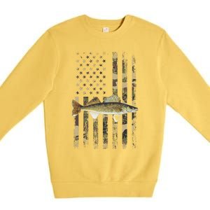 Walleye Camo American Flag Fishing Walleye Premium Crewneck Sweatshirt