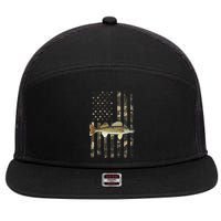 Walleye Camo American Flag Fishing Walleye 7 Panel Mesh Trucker Snapback Hat