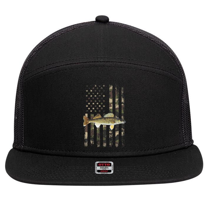 Walleye Camo American Flag Fishing Walleye 7 Panel Mesh Trucker Snapback Hat