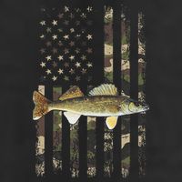 Walleye Camo American Flag Fishing Walleye 7 Panel Mesh Trucker Snapback Hat