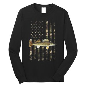 Walleye Camo American Flag Fishing Walleye Long Sleeve Shirt