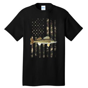 Walleye Camo American Flag Fishing Walleye Tall T-Shirt