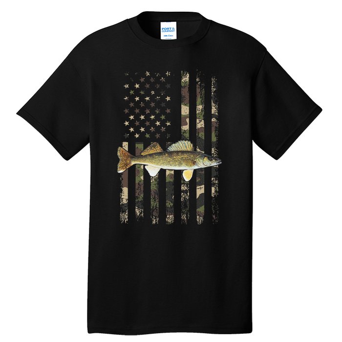 Walleye Camo American Flag Fishing Walleye Tall T-Shirt