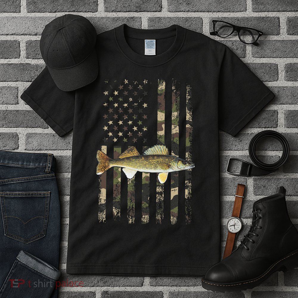 Walleye Camo American Flag Fishing Walleye Tall T-Shirt