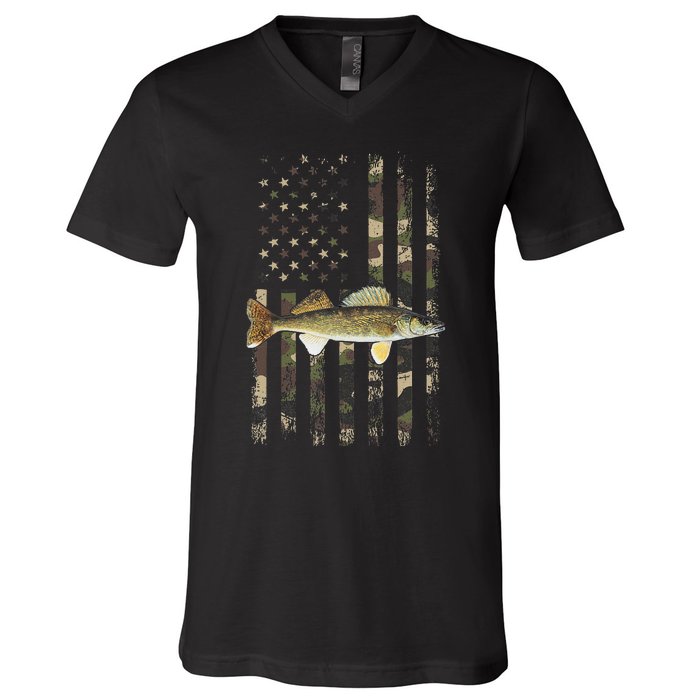 Walleye Camo American Flag Fishing Walleye V-Neck T-Shirt