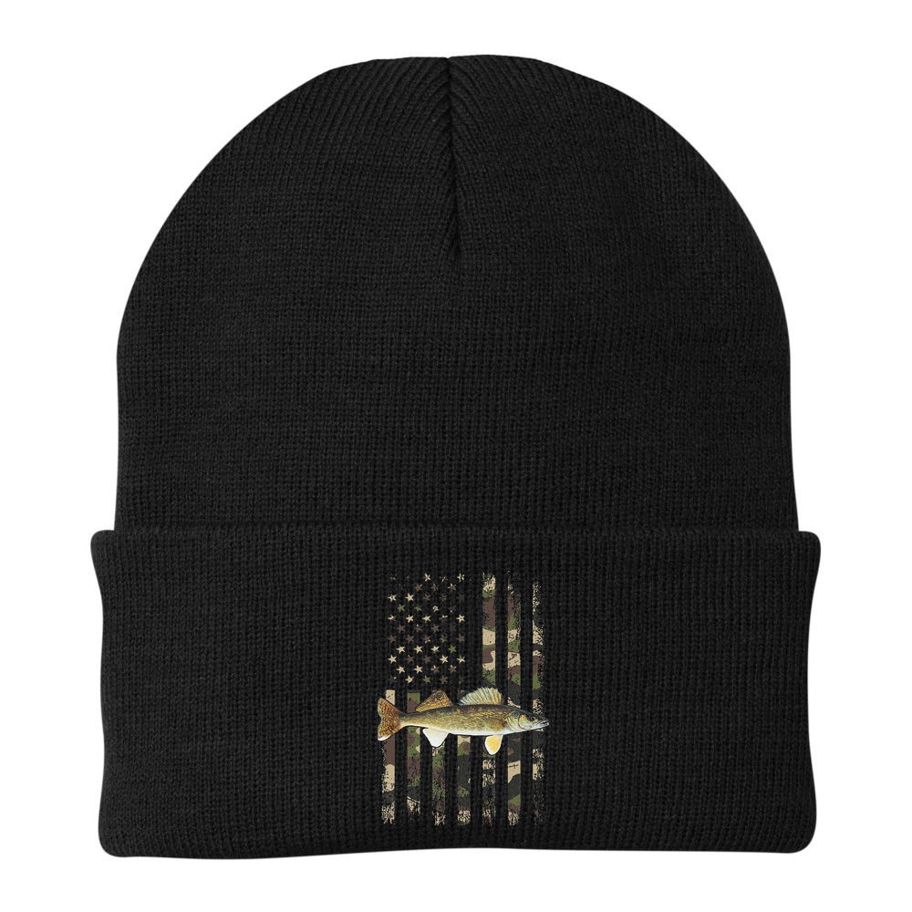 Walleye Camo American Flag Fishing Walleye Beanie