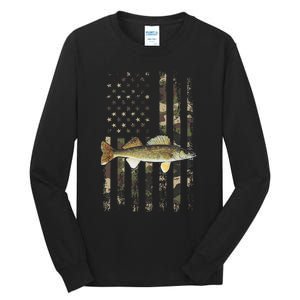 Walleye Camo American Flag Fishing Walleye Tall Long Sleeve T-Shirt