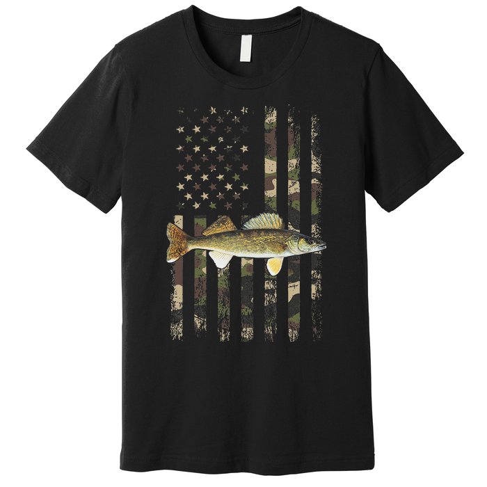 Walleye Camo American Flag Fishing Walleye Premium T-Shirt