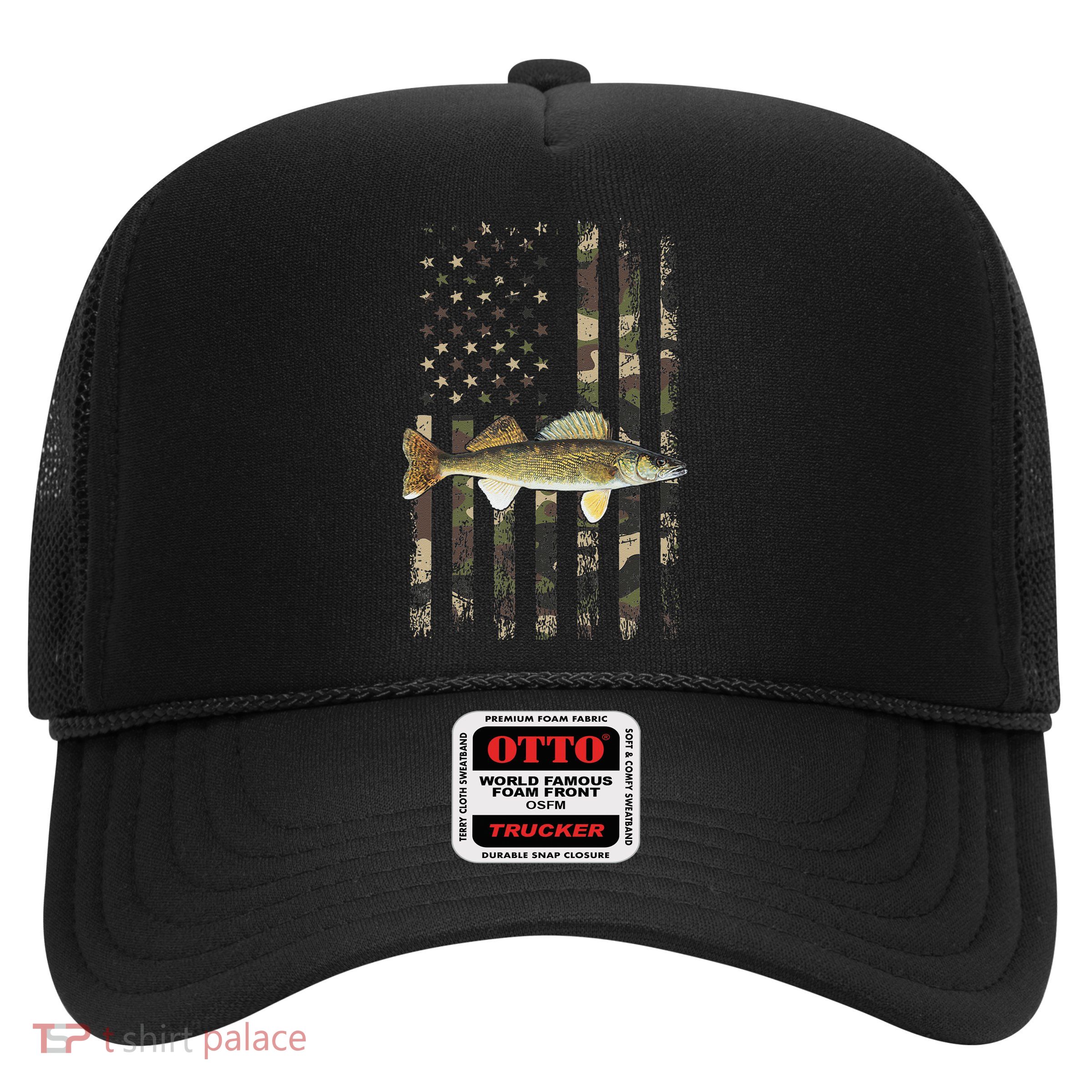Walleye Camo American Flag Fishing Walleye Trucker Hat