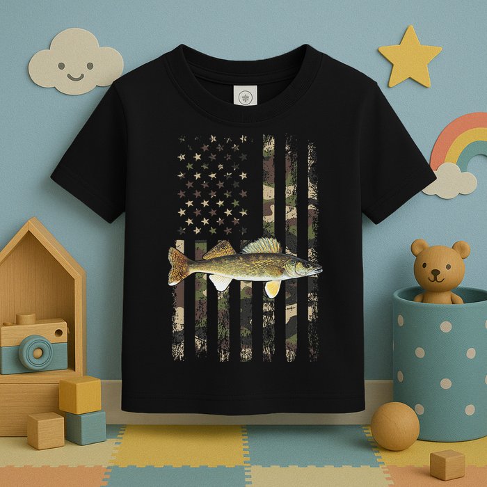Walleye Camo American Flag Fishing Walleye Toddler T-Shirt