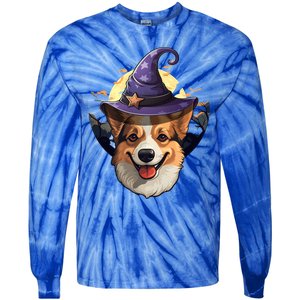 Witch Corgi Artwork Funny Halloween Corgi Gift Tie-Dye Long Sleeve Shirt