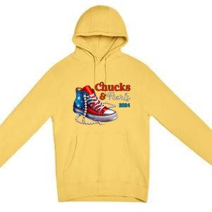 Women Chucks And Pearls 2024 Im With Her Kamala Gift Premium Pullover Hoodie