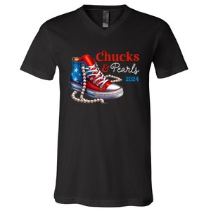 Women Chucks And Pearls 2024 Im With Her Kamala Gift V-Neck T-Shirt