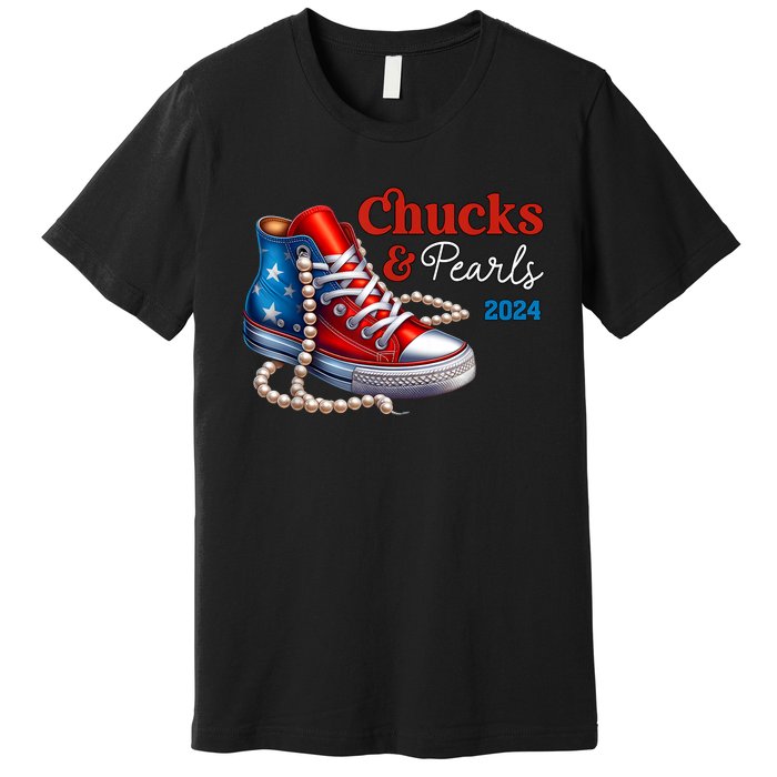 Women Chucks And Pearls 2024 Im With Her Kamala Gift Premium T-Shirt