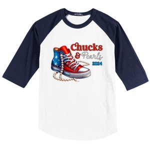 Women Chucks And Pearls 2024 Im With Her Kamala Gift Baseball Sleeve Shirt