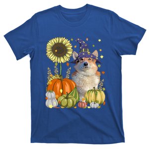 Witch Corgi And Pumpkin Funny Dog Lover Sunflower Thanksgiving Great Gift T-Shirt