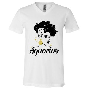 Wo Cute Aquarius Messy Bun Zodiac Lover Gift V-Neck T-Shirt