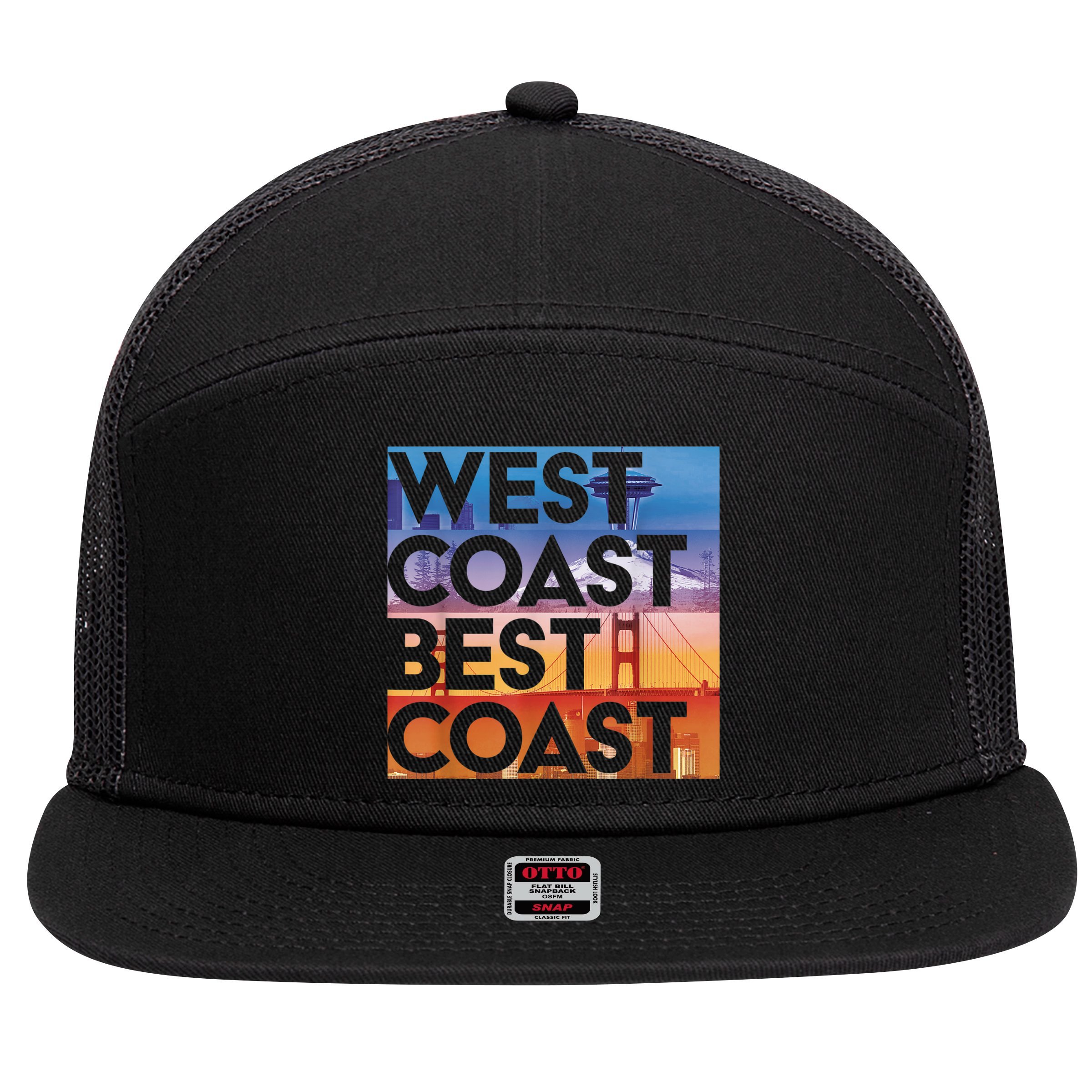 West Coast Best Coast | SEA/PO/SF/LA Graphic 7 Panel Mesh Trucker Snapback Hat