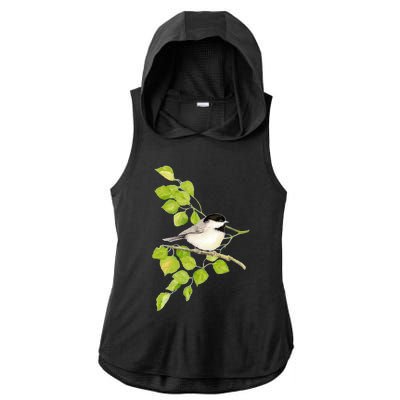 Watercolor Chickadee Bird In Poplar Tree Baseball ¾ Sleeve Ladies PosiCharge Tri-Blend Wicking Draft Hoodie Tank