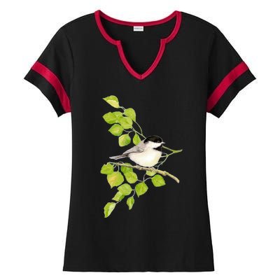 Watercolor Chickadee Bird In Poplar Tree Baseball ¾ Sleeve Ladies Halftime Notch Neck Tee