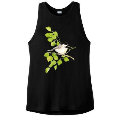 Watercolor Chickadee Bird In Poplar Tree Baseball ¾ Sleeve Ladies PosiCharge Tri-Blend Wicking Tank