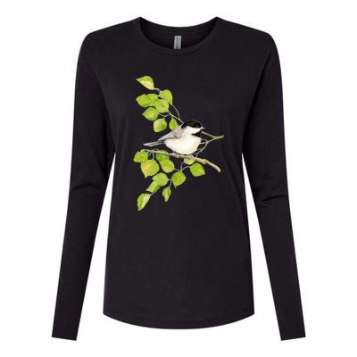 Watercolor Chickadee Bird In Poplar Tree Baseball ¾ Sleeve Womens Cotton Relaxed Long Sleeve T-Shirt