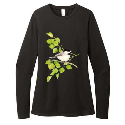 Watercolor Chickadee Bird In Poplar Tree Baseball ¾ Sleeve Womens CVC Long Sleeve Shirt