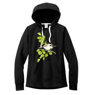 Watercolor Chickadee Bird In Poplar Tree Baseball ¾ Sleeve Women's Fleece Hoodie