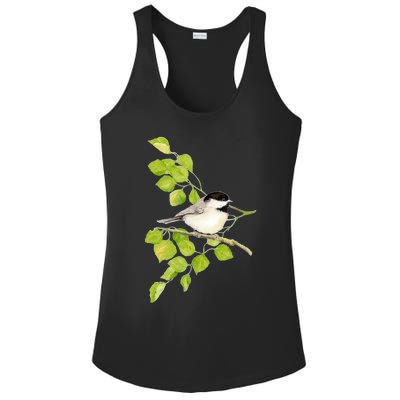 Watercolor Chickadee Bird In Poplar Tree Baseball ¾ Sleeve Ladies PosiCharge Competitor Racerback Tank