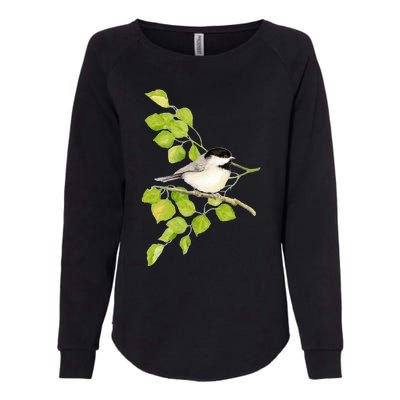 Watercolor Chickadee Bird In Poplar Tree Baseball ¾ Sleeve Womens California Wash Sweatshirt